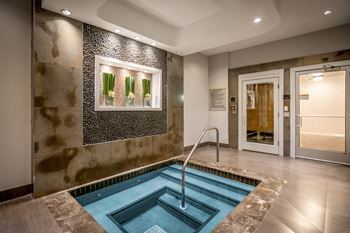 Private interior dry and wet saunas, jacuzzi spa